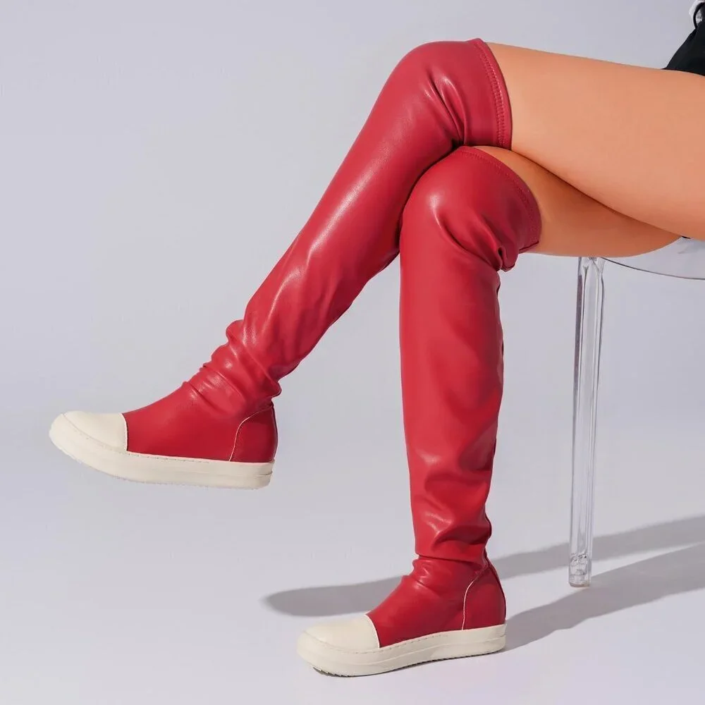 Women Red Polyurethane (PU) Flat Over The Knee Round Toe Thigh High Boots